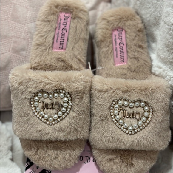 Juicy Couture Shoes - Juicy Couture Tan Faux-Fur Pearl Heart Slide Slippers